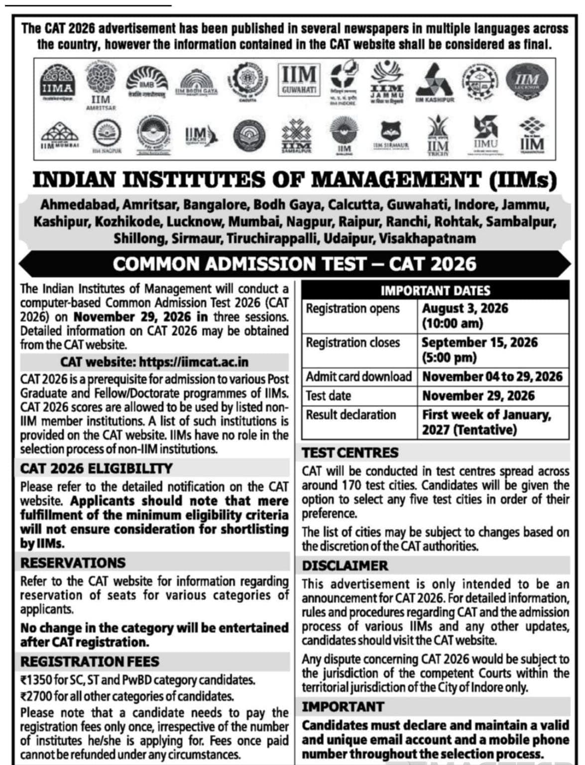 IIM's CAT 2026 to be held on November 29, registration opens August 3