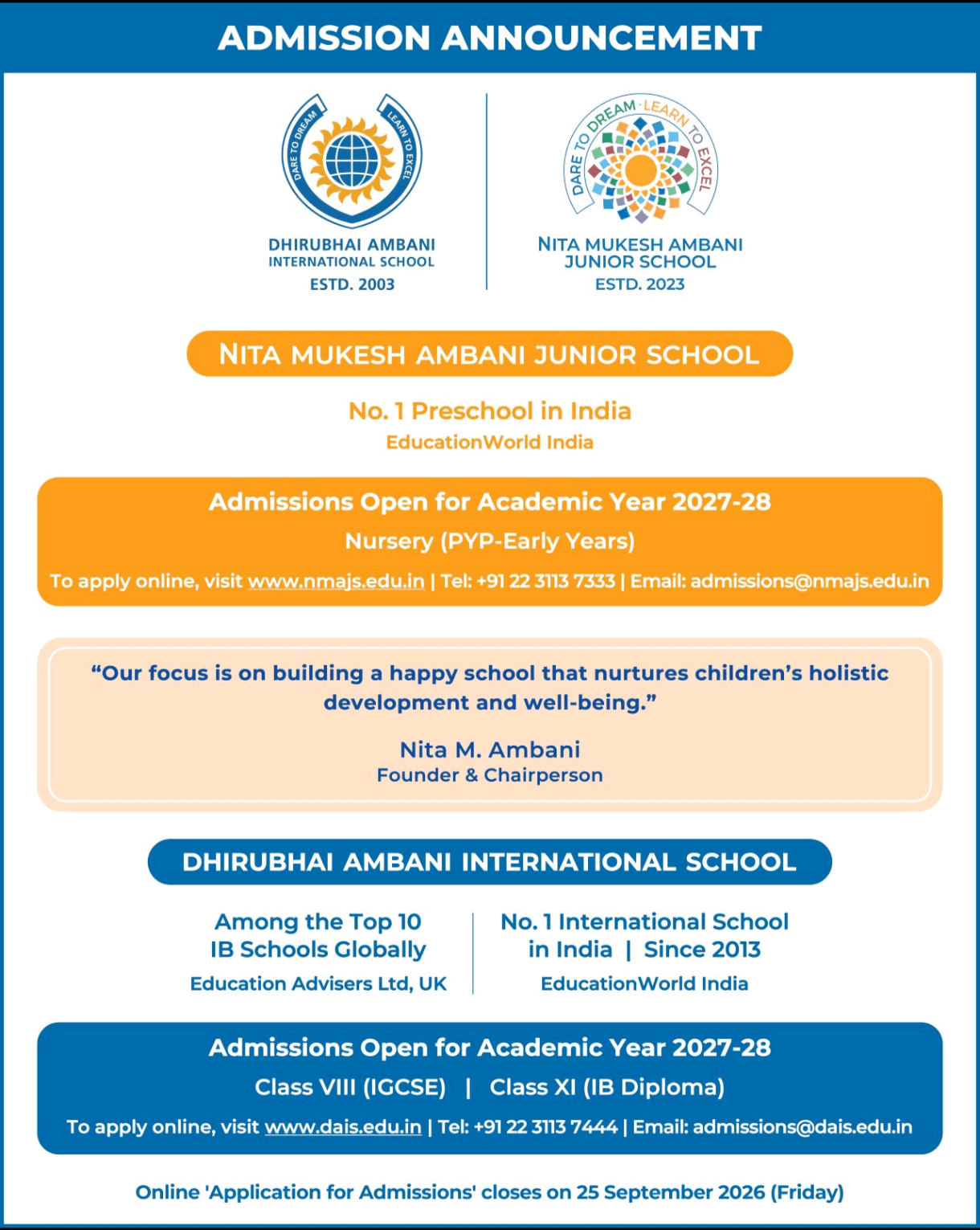 Dhirubhai Ambani International School, NMAJS open admissions for 2027-28